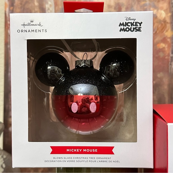 NWT-Set of 2 Hallmark Mickey & Minnie Mouse Icon Ears Blown Glass Ornaments - Picture 2 of 7